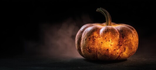 The Pumpkin Bathed in Warm Light with Mist on Dark Background