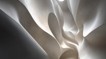 Abstract marble-like flowing sculpture forms, soft shadows, museum-grade lighting