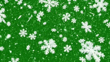 Falling Snowflakes on Green - The video shows a seamless pattern of white snowflakes falling against a solid green background. - Powered by Adobe