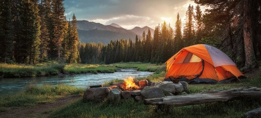 The Tent Beside a Mountain Stream with Campfire at Sunset in Wilderness