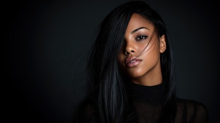 Fototapeta premium Close-up of a woman with long dark hair posing against a dark background in a studio setting during a photoshoot session