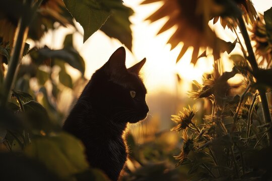 Black cat sitting among sunflowers during sunset with warm light shining through the petals