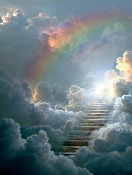 Treppe durch Wolken mit sanfter Bewegung und Regenbogenlicht