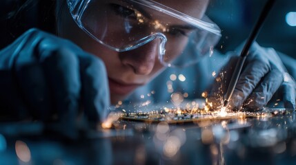 Focused worker performs circuit board repair in a dimly lit workshop with sparks flying