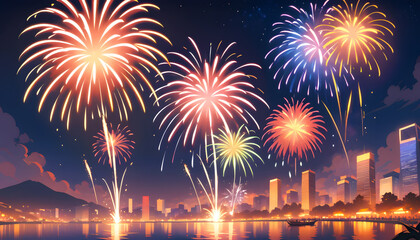 Cartoon New Year's fireworks shine in the sky of the city.