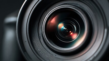 Close-up view of a camera lens showing reflections and light in a dark environment, highlighting its design and features