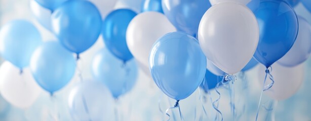 The Balloons Floating in Blue and White Celebration Background with Ribbons