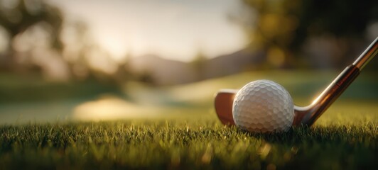 The Golf Ball and Iron Club on Dewy Grass at Golden Sunrise