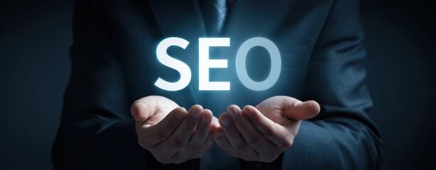 The SEO Concept Held in a Businessman's Hands with Glowing Light
