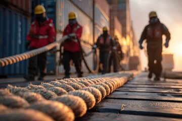 Workers pull heavy rope on a dock near shipping containers during sunset with orange sky in the background
