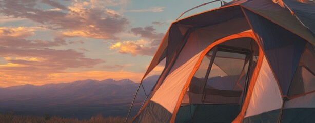 The Tent at Sunset Overlooking Rolling Mountains and a Serene Alpine Valley