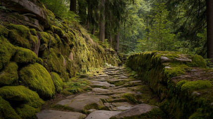 Ancient stone path covered with moss, soft forest light, timeless natural mood