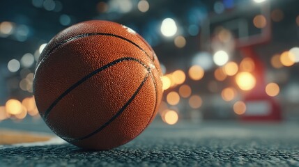 Basketball resting on court with blurred background during competitive game at indoor arena in evening