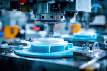 Manufacturing process of plastic parts using CNC milling machine in a factory setting during daytime