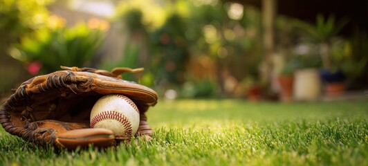 The Baseball Glove and Ball Resting on Sunlit Backyard Grass on a Summer Afternoon