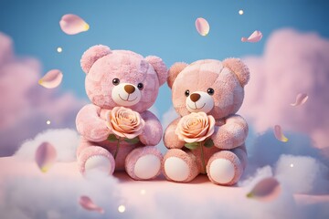 Fototapeta premium Two teddy bears holding roses on a cloudy background