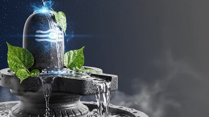 Maha Shivaratri Banner Background With Shiva Lingam, Flowing Water, and Sacred Bilva Leaves