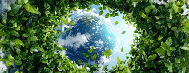 The Earth Framed by Lush Green Leaves Symbolizing Global Ecology and Sustainable Future