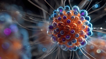 Microscopic view of a virus structure with colorful surface features and unique shapes in a scientific context