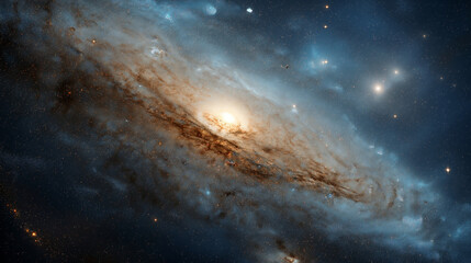 Bright galaxy core surrounded by star dust, deep space tones, epic scale