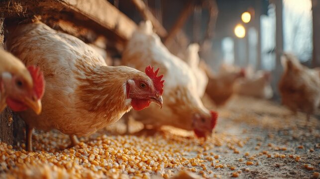 Chickens eating corn in a barn during early morning hours with low light and scattered grains on the ground