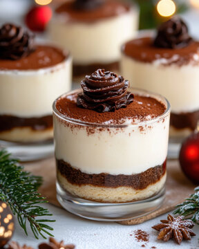 A decadent tiramisu dessert layered with coffee and cream, topped with a delicate chocolate rosette sits alluringly on a festive dining table, appealing to dessert lovers.