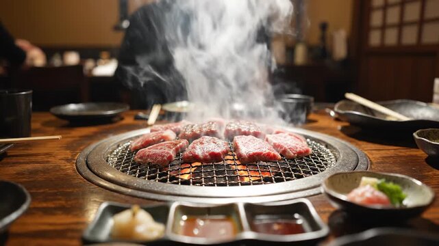 Grilled Beef Sizzling: A tantalizing close-up captures tender cuts of beef sizzling on a hot grill, the aroma of a delicious meal wafting into the air.