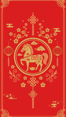 Golden Horse in Circular Frame with Lanterns, Plum Blossoms, and Auspicious Knots on Red