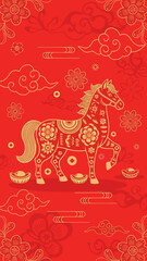 Obraz premium Ornate Golden Horse with Intricate Patterns, Gold Ingots, and Clouds on Red Background