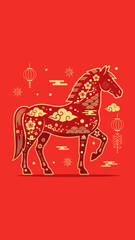 Fototapeta premium Golden Horse Outline with Ornate Patterns, Clouds, and Traditional Symbols on Red