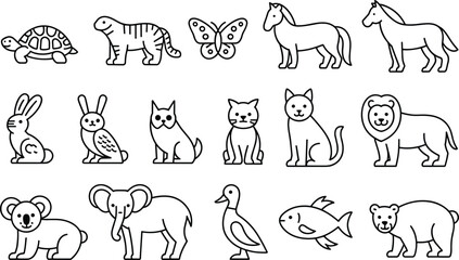 Fototapeta premium Black and white line of various animals line animals