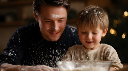 Father-Son Baking Bonding: Captured is the tender moment of a father and son baking together, adorned with flour, filled with laughter and love as they create culinary delights. 