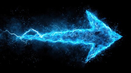 Bright blue arrow made of electric sparks points to the right in dark background