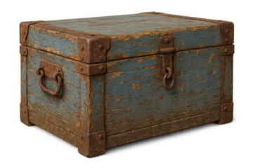Old wooden chest with peeled blue paint and rusty metal details, vintage storage trunk on transparent background