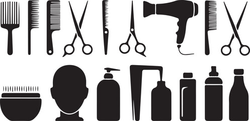 Hairdressing Tools and Salon Equipment Icons for Grooming.