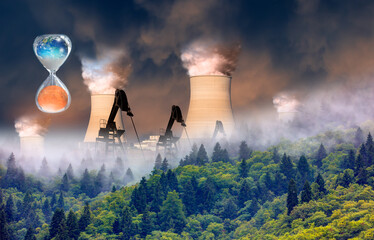 Smoke plume from ower plant emitting greenhouse gas into the atmosphere on forest trees background - Oil beam pump Planet Earth is becoming a dead planet like Mars - Hourglass inside glass globe  "Ele