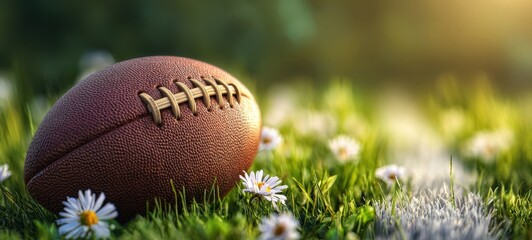The Football on a Sunlit Daisy Covered Grass Field Ready for Play