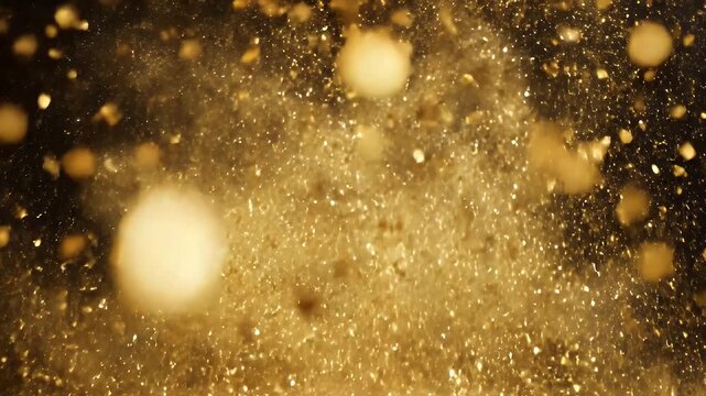 Golden Glitter Dust Particles - This video shows a close-up of golden dust particles suspended in air against a dark background, with bokeh effects that gives the shot a dreamy and magical feel.