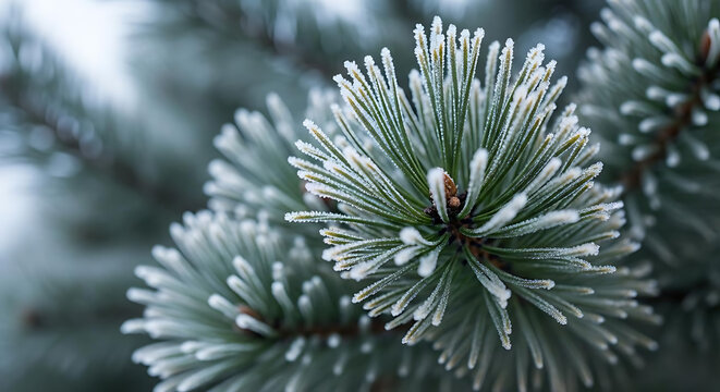 Frosted pine tree branch with icy needles in winter close-up natural outdoor scene with snowflakes - Powered by Adobe