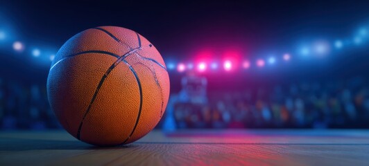 The Basketball on a Hardwood Court Under Arena Lights with Blurred Crowd
