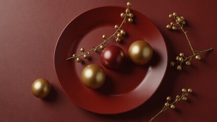 Artistic visualization of red plate with three gold balls on it - Generative AI