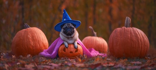 The Pug in a Wizard Hat and Cape Sitting on a Jack-o'-lantern Among Pumpkins