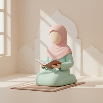 3D minimalist illustration of a Muslim woman in a hijab sitting on a prayer mat and reading the Quran with soft sunlight