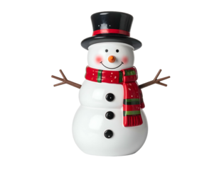 Cheerful ceramic snowman with hat, scarf, carrot nose
