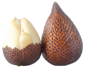 Two Whole and One Peeled Salak Fruit, Snake Fruit, on transaprent Background