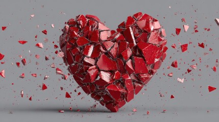 Broken heart made of red shards against a gray background with pieces flying away in a scattered pattern