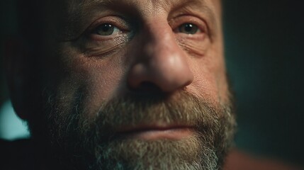 Obraz premium Close-up of a man with a beard looking directly at the camera in a low-light setting during the evening