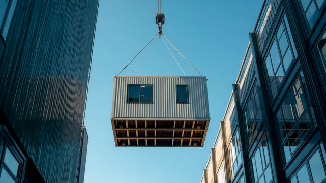Prefabricated building module suspended by crane between tall modern buildings against clear blue sky