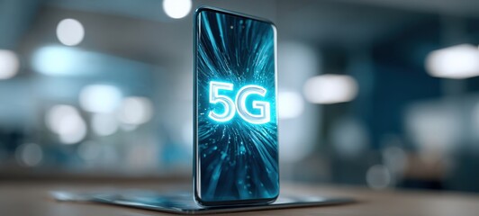 The Smartphone Showcasing 5G Connectivity on a Futuristic Glowing Display in Office