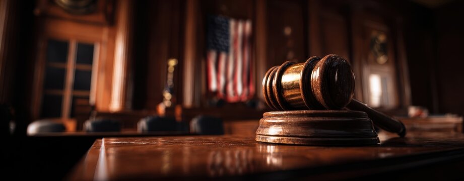 The Gavel on a Polished Wooden Bench in an Empty American Courtroom, Symbol of Justice